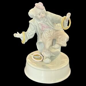 Vintage 1989 Arnart RING CLOWN MUSIC BOX 8” Porcelain Figurine Plays Circus Song